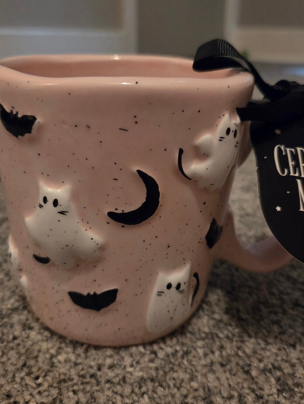 Pink Ghost Cats & Moon Ceramic Mug Halloween Summerween